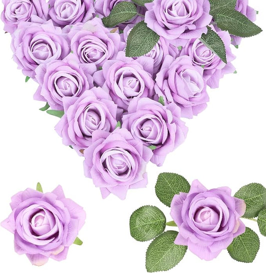 Purple Roses Artificial Flowers 16pcs Velvet Artificial Roses with Stems 3.15" Purple Fake Roses for Bridal Bouquet Wedding Flowers for Floral Centerpieces Home Party Decor (Purple)