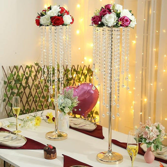 29.5in Elegant Tall Gold Wedding Centerpiece Stand, 2Pcs Metal Flower Candle Holder with Sparkling Crystal Beads,for Wedding Party Event, Birthday,Reception, Home Décor