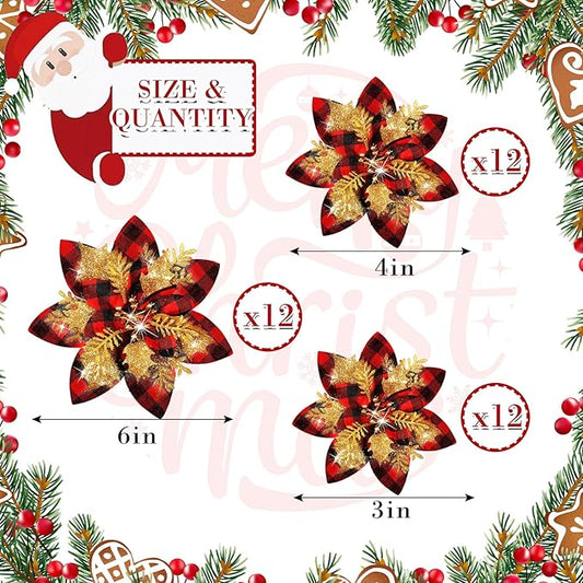 36 Pcs Christmas Glitter Artificial Poinsettia Flowers Xmas Poinsettia Artificial Wedding Flowers Decorations Xmas Tree Ornaments with Clips for Party, 6 Inch, 4 Inch, 3 Inch(Red, Black, Gold)