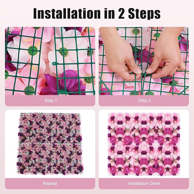Flower Wall Panel Floral Backdrop,6pcs Champagne Flower Wall Decor,Silk Rose Wall, Artificial Flower Backdrop Faux Flower Panel for Wedding (6PCS Pink, Purple)