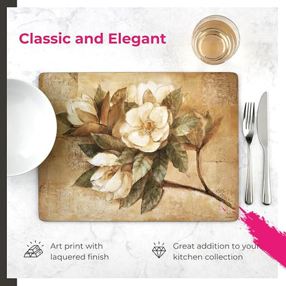 Pimpernel Sugar Magnolia Collection Placemats & Coasters (15.7" x 11.7") – Cork-Backed Boards with Lacquer Finish, Heat & Stain Resistant Dining Mats & Surface Protectors for Kitchen & Home Decor