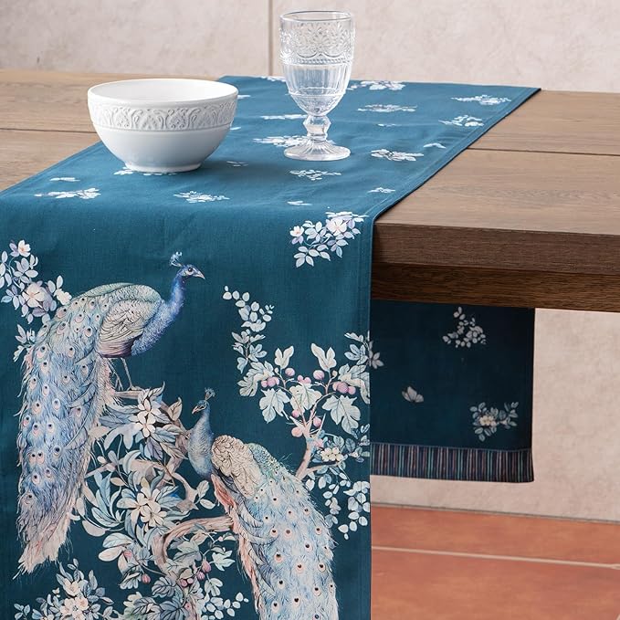 Maison d' Hermine Tablerunners 100% Combed Cotton Premium Table Runner Decorative Table Cover, Home, Kitchen & Camping, Peacock Utopia - Deep Sea, Double Layer - (14.5"x108")