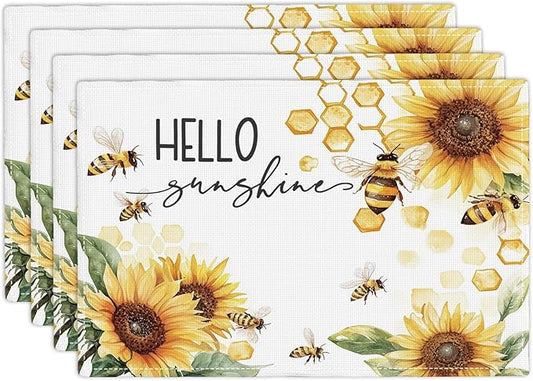 Farmhouse Sunflower Placemats Set of 4, Hello Sunshine Place Mats, Rustic Bee Dining Table Mats, Washable Placemats for Kitchen Dining Room Home Decor 18L'' × 12W''