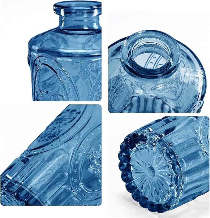 Blue Glass Vase Set of 12, Clear Bud Vase in Bulk, Small Flower Vases for Centerpieces, Mini Vases for Flowers, Vintage Decorative Embossed Vase for Home Decor, Wedding Table Decoration, Gift