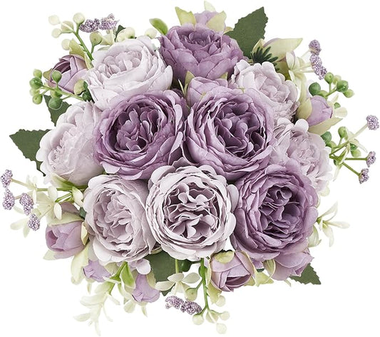 Mkono Peonies Artificial Flowers, Small Silk Flowers for Home Decor Indoor Fake Bouquet Faux Floral Arrangements Dining Table Centerpieces for Kitchen Bridal Wedding Party Decor Purple