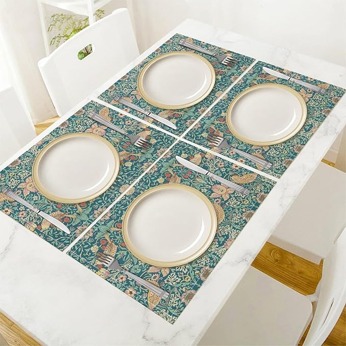 William Morris Floral Placemats Strawberry Thief Blue Art Printed Dining Table Mats Set of 4 for Home Kitchen Holiday Picnic Party Decoration 12x18in
