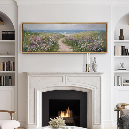 SIGNFORD Large Framed Canvas Print Wall Art Seaside Path with Wildflowers Coastal Landscape Illustrations Modern Art Relax/Calm Warm for Living Room, Bedroom, Office - 60"x20"