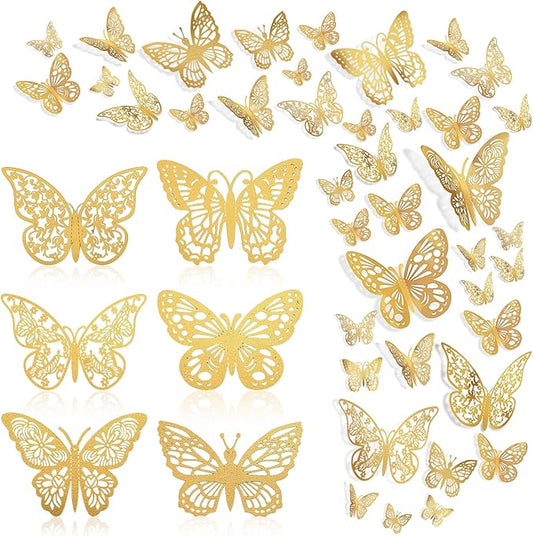 144 Pcs Gold Butterfly Wall Decor, 3D Butterfly Stickers 6 Styles and 3 Sizes, Removable Mural Stickers Metallic Butterflies Decorations for Walls