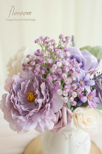 Floroom Lilac Lavender Artificial Flowers Fake Roses Peony and Greenery Combo Box Set for DIY Purple Wedding Bouquets Bridal Shower Centerpieces Floral Arrangements Party Tables Home Decorations