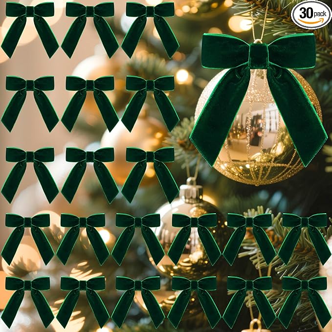 30 Pcs Velvet Ribbon Bows 3.5" x 3.5" Pre Tied Christmas Velvet Bows with Twist Tie for Gift Packaging Christmas Tree Wreaths Door Windows Wedding Party Decoration(Forest Green)