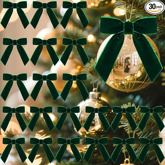 30 Pcs Velvet Ribbon Bows 3.5" x 3.5" Pre Tied Christmas Velvet Bows with Twist Tie for Gift Packaging Christmas Tree Wreaths Door Windows Wedding Party Decoration(Forest Green)
