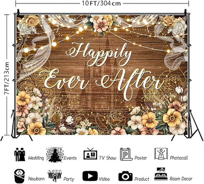 Happily Ever After Backdrop Bridal Shower Wedding Party Brown Wood Photography Background Boho Floral Golden Rose Dots Wedding Decor Banner Portrait Photo Booth Studio Props 10x7ft FU073YL