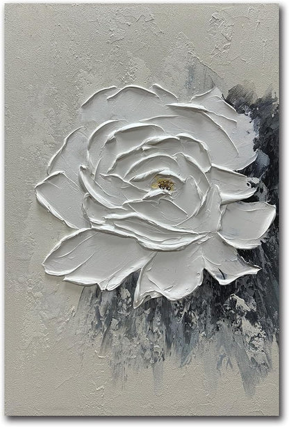 moshinart 24 x 36in Hand-Painted Oil Painting 3D Texture Black White Grey Modern Minimalist Black Abstract Wall Art, Home Office Wall Decoration Camellia