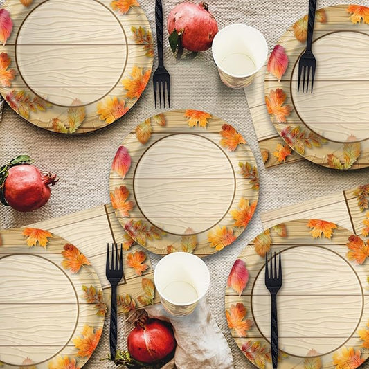 Fall Thanksgiving Birthday Party Plates and Napkins Decorations Kit, Wooden Grain Maple Leaf Tableware Supplies for Birthday Leaves Favors Party Decor Service 24 Guests