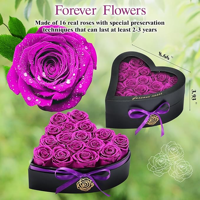 16 Forever Flowers in Heart Shaped Box - Preserved Roses Romantic Gifts for Her, Valentine’s Day, Anniversary, Wedding (Purple)
