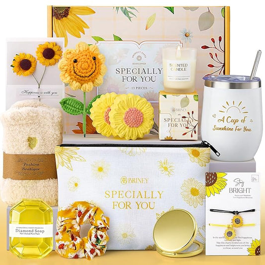 Briney Birthday Gift for Women, Sunflower Present Basket, Birthday Christmas Gift Basket for Mom Wife Girlfriend Her Sister, Relaxing Self Care Package, Yellow