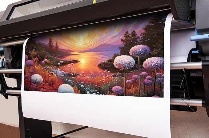 Sunset Panoramic Canvas Wall Art, Purple Floral Meadow & Green Tree Landscape with Gold Accents Picture for Living Room Bedroom Wall Decor, Print Painting Artwork Decoration, Large Size 58x29 Inches