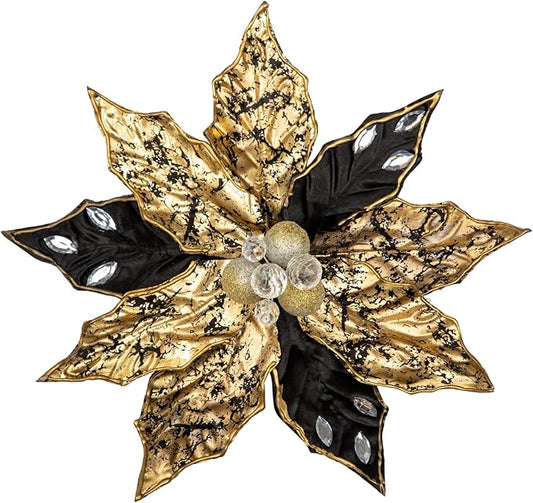Hollyone 3PCS Poinsettia Christmas Flowers Artificial 11" Large Black and Gold Glitter Poinsettia Flower Christmas Tree Ornaments Floral Picks for Tree Wreath Garland Vase Table Centerpiece Home Decor