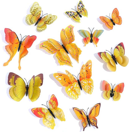 SAOROPEB 3D Butterfly Wall Decor, 72 Pcs Double Layer Butterfly Decorations for Party Decorations Locker Decor Refrigerator Decal, Reusable (Yellow)