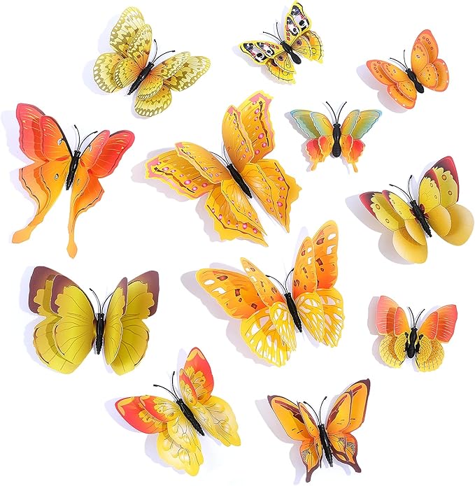 SAOROPEB 3D Butterfly Wall Decor, 48 Pcs Double Layer Butterfly Decorations for Party Decorations Locker Decor Refrigerator Decal, Reusable (Yellow)