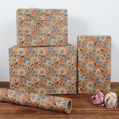Aimyoo Watercolor Floral Kraft Wrapping Paper Roll, 17 inch x 16.4 ft All Occasion Vintage Flower Gift Wrap for Wedding Birthday Bridal Shower