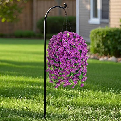 Artificial Faux Hanging Flowers Basket for Spring Summer Outdoor Porch Decor, Fake Silk Colorful Morning Glory Eucalyptus in Planter UV Resistant Look Real for Home Balcony Yard(Darkorchid)