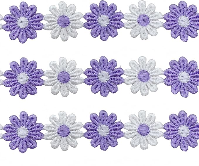 15 Yards Daisy Flower Lace Trim Embroidered Floral Lace Sewing Trim Ribbons for Embellishment Craft Dress Hair Accessories Decorations(White/Lavender)