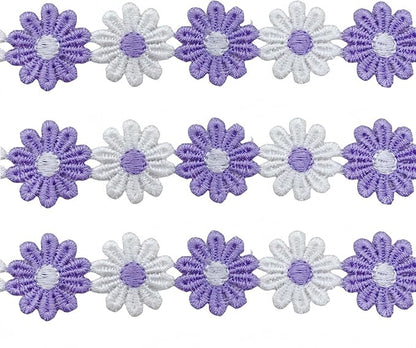 15 Yards Daisy Flower Lace Trim Embroidered Floral Lace Sewing Trim Ribbons for Embellishment Craft Dress Hair Accessories Decorations(White/Lavender)