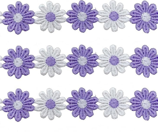 15 Yards Daisy Flower Lace Trim Embroidered Floral Lace Sewing Trim Ribbons for Embellishment Craft Dress Hair Accessories Decorations(White/Lavender)