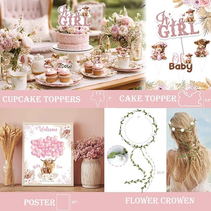 Highland Cow Baby Shower Decorations Girls, 129 PCs – Holy Cow Baby Shower Party Supplies with Floral Backdrop, Balloon Garland, It’s a Girl Cake Topper, Mommy To Be Sash, Headband