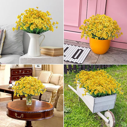 Ouddy Decor 12 Bundles Artificial Flowers for Decorations Fake Silk Plants for Outdoors UV Resistant Faux Plastic Greenery Stems for Garden Porch Window Box Home Spring Decor, Yellow