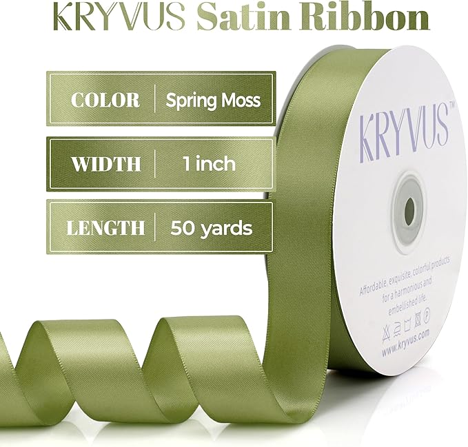 Moss Green Satin Ribbon, Double Faced 1 Inch X 50 Yards Moss Green Ribbon, Premium Satin Ribbon for Gift Wrapping, Crafts, Hair Bow Making, Sewing, Flower Bouquet, Wedding Party Decor