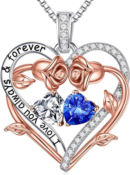 Iefil Rose Heart Double Birthstone Necklace Gifts for Wife Her Mom Women, Birthstone Jewelry Gemstone Birthday Gifts for Girlfriend Grandma Her Wife Women