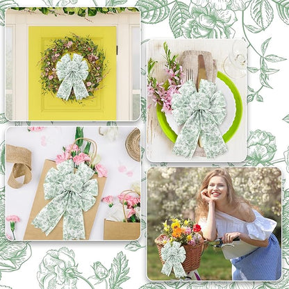 Floral Wired Edge Ribbon Roll Green Flower Ribbon Chinoiserie Fabric Ribbon for Wreath Bow Making DIY Crafts Gift Wrapping, 12 Yard