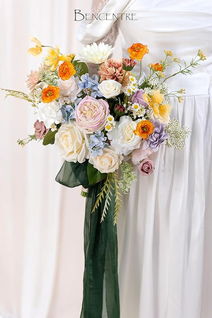 14 Inch Colorful Bridal Bouquet for Bride,Wedding Bouquet for Bride for Spring Wedding Ceremony Anniversary,Party and French Rustic Vintage Wedding,Artificial Flowers