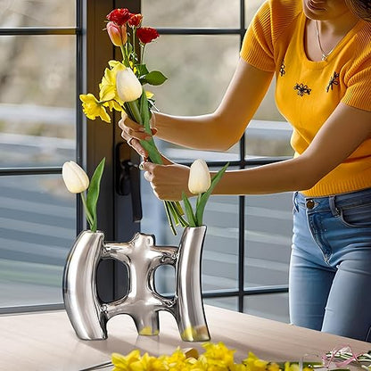 Silver Vases Home Decor, Irregular Ceramic Flower Vase, Wabi Sabi Decor Handmade Vase, Coffee Table Decor for Bedroom, Office, Living Room, Bathroom, Chrome Decorations
