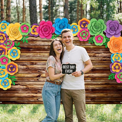 Frienda 36 Pcs DIY Paper Flower Decor Set with 83x59 Inch Custom Background Cloth and Rope, Artificial 3D Flower Wall Decor for Wall Bulletin Board Wedding Halloween Mexican Festive Party(Wooden)
