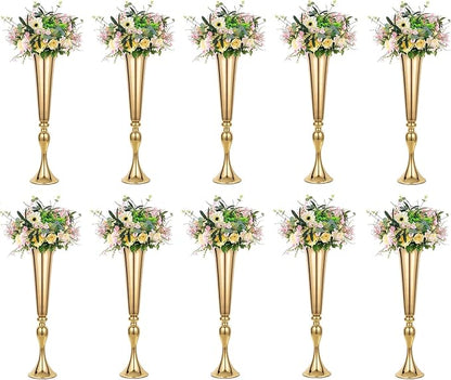 LoveCat 10pcs of Versatile Metal Tabletop Flower Stands, Gold Wedding Table Centerpiece Stands, 21.9" Tall Trumpet Vases for Wedding Birthday Holiday Party Important Event Home Décor