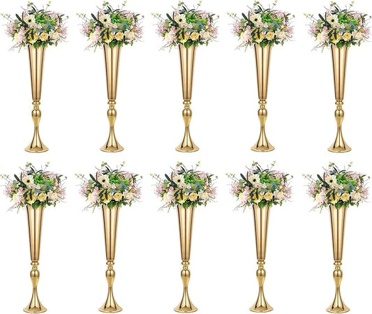 LoveCat 10pcs of Versatile Metal Tabletop Flower Stands, Gold Wedding Table Centerpiece Stands, 21.9" Tall Trumpet Vases for Wedding Birthday Holiday Party Important Event Home Décor