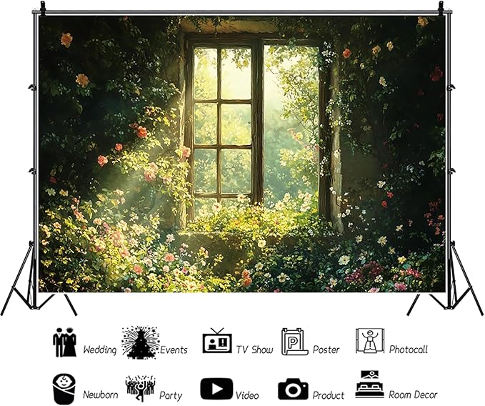 Baocicco 15x10ft Spring Window Photography Backdrops Sunshine Oil Painting Flowers Background Cloth for Marriage Valentines Mothers Day Engagement Party Decoration Photo Props Background Supplies