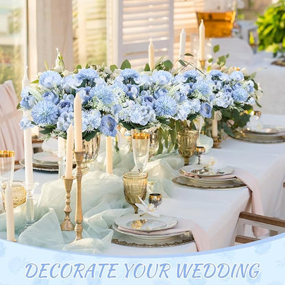 Lyrow 8 Pcs Peony Artificial Flowers Fake Silk Hydrangea Bouquet Elegant Peony Flowers for Wedding Decoration Faux Realistic Floral for Home Party Table Centerpieces Arrangement (Gradiente Blue)