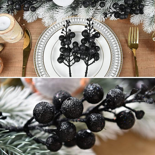 DearHouse 14 Pack Christmas Glitter Berries Stems, 7.8Inch Artificial Christmas Picks for Christmas Tree Ornaments, DIY Xmas Wreath, Crafts, Holiday and Home Decor (Black)