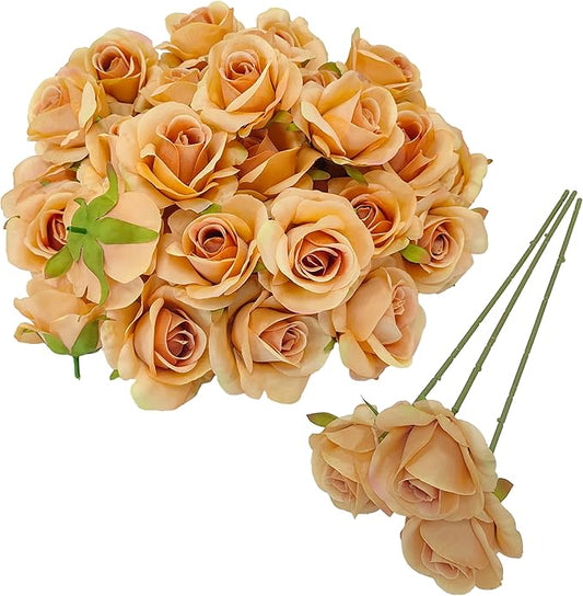 Artificial Light Coffee Satin Rose Flower Heads,42 Pcs Toffee Silk Rose Heads with Stems,3.5'' Rose Artificial Flowers Bulk,Artificial Brown Rose Flower Heads for DIY Crafts Bouquet (42, Toffee)