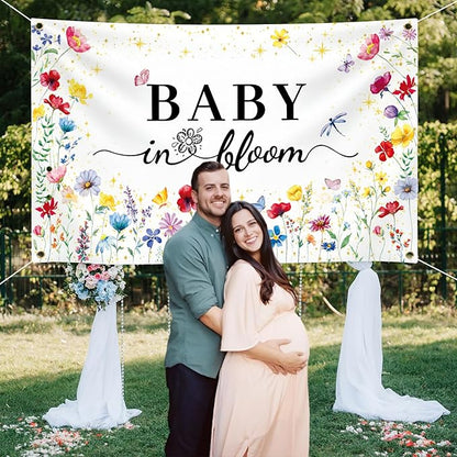 GodMax Baby in Bloom Backdrop Banner, Wildflower Baby Shower Decorations 3 x 5Ft Backdrop Banner Set