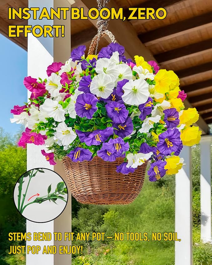 12 Bundles Artificial Flowers for Outdoors UV Resistant with Eucalyptus - Realistic Silk Fake Flowers Outside for Window Box Planter Hanging Basket, Faux Plants for Home Porch Garden Yard Décorations
