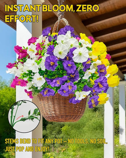 12 Bundles Artificial Flowers for Outdoors UV Resistant with Eucalyptus - Realistic Silk Fake Flowers Outside for Window Box Planter Hanging Basket, Faux Plants for Home Porch Garden Yard Décorations
