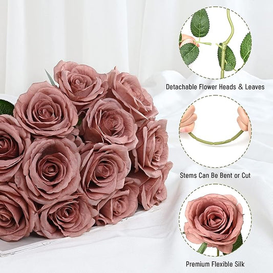 Waipfaru 16 Pcs Artificial Flowers Fake Silk Dusty Roses, Faux Real Touch Roses Bouquet with Long Stem for Wedding Party Home Decor (Dusty Rose)