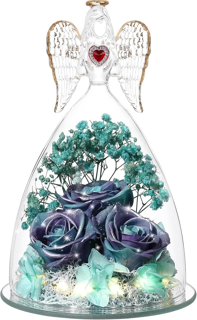 Mothers Day Rose Gifts for Women, Large Angel Figurines with Real Roses, Preserved Real Flower Rose for HerGlitterPurpleAquablue