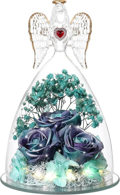 Mothers Day Rose Gifts for Women, Large Angel Figurines with Real Roses, Preserved Real Flower Rose for HerGlitterPurpleAquablue