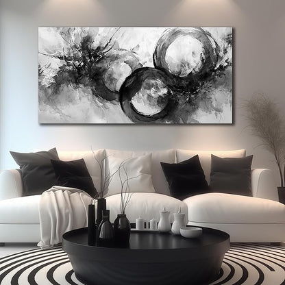 JuhaiArt White Wall Decor Art for Living Room Office Abstract Canvas Wall Art Black Circle Picture Art 29" x 59" Large Modern Poster Artwork